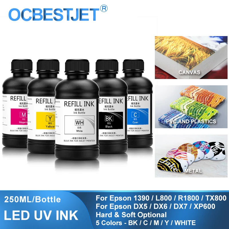 5×250ML LED UV Ink For DX4 DX5 DX6 DX7 DX10 TX800 XP600 Printhead For Epson 1390 L800 L1800 L805 R1800 R1900 UV Flatbed Printer
