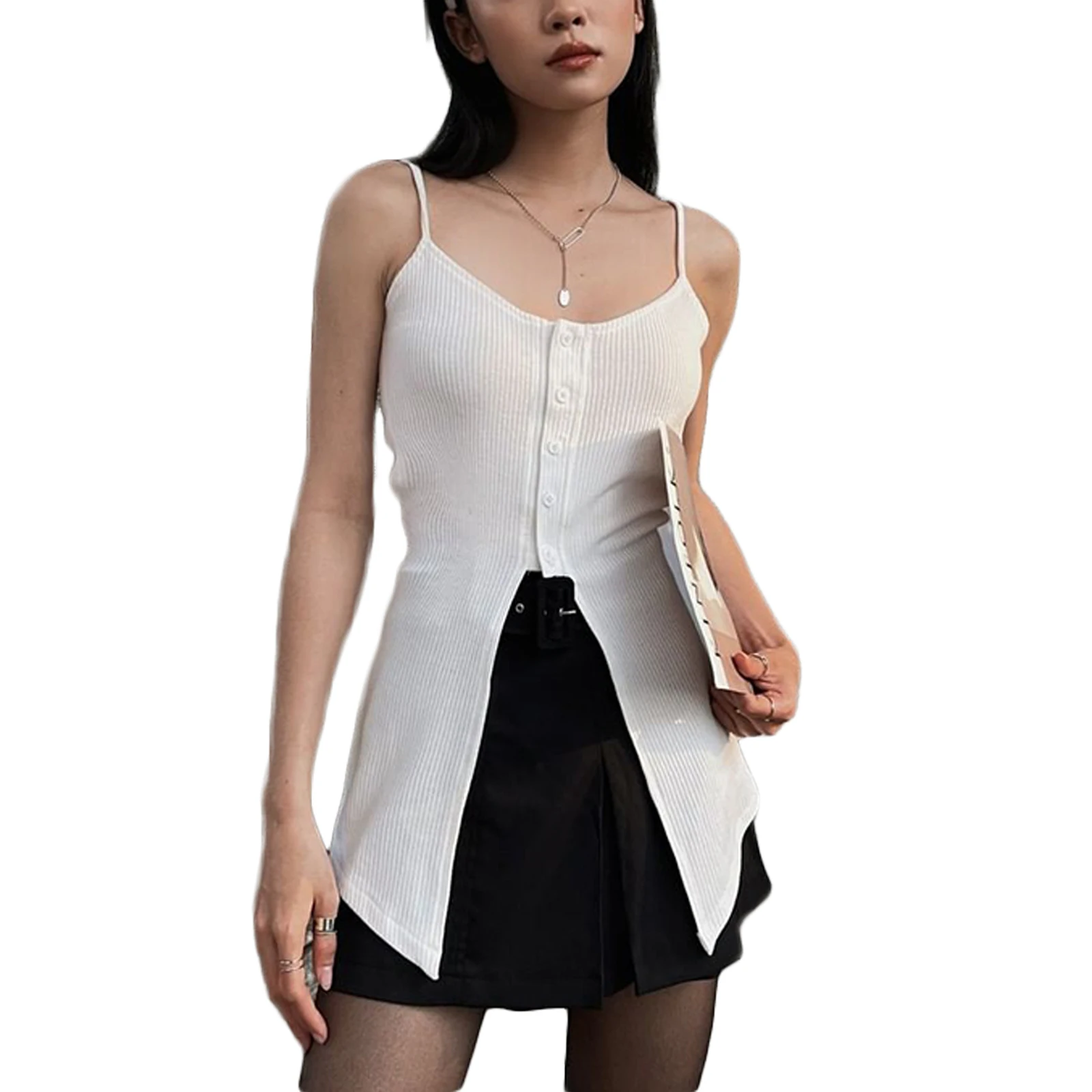 

Женская кофта без рукавов, повседневный однотонный топ на бретелях-спагетти, с разрезом спереди, на пуговицах