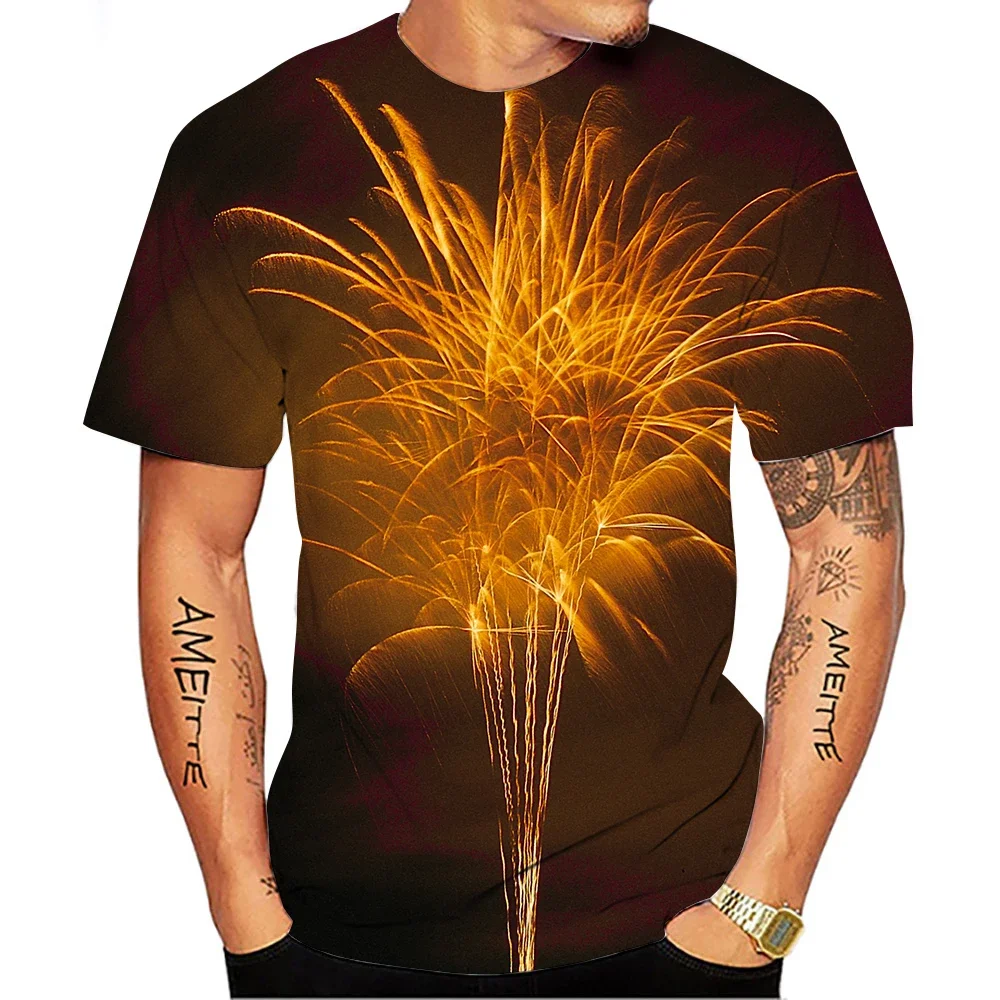 

New Summer Tide Firework Picture Men T-Shirts Casual 3D Print Tees Hip Hop Personality Round Neck Short Sleeve Quick-Dry Tops