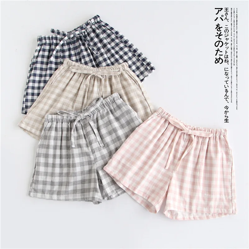 

Парные пижамы, летние хлопковые марлевые шорты в японском стиле, простые повседневные брюки большого размера с эластичным поясом в клетку д...
