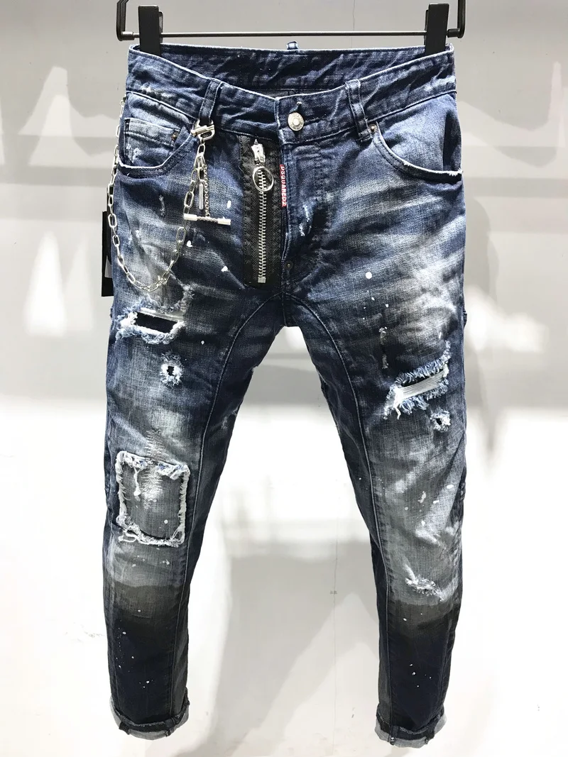 

New DSQUARED2 Men's/Women Fashion Self-Cultivation Ripped Patch, Broken Ink Stitching, Old And Dirty, Small Feet Jeans