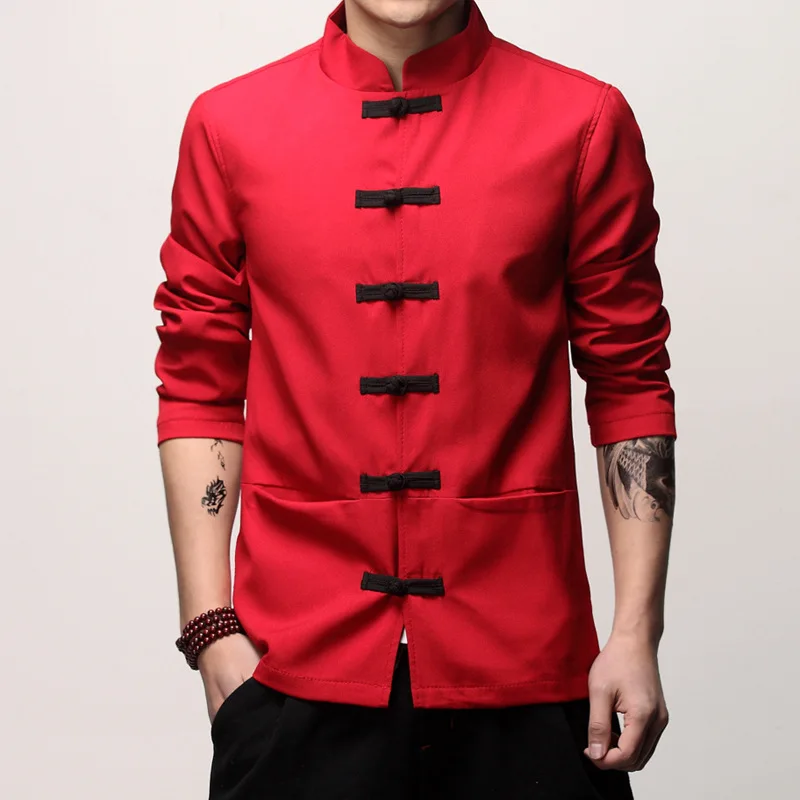 

Mens Traditional Chinese Clothing Spring Autumn Solid Tang Suit Men Kung Fu Tai Chi Master Costume Male Tops Jackets