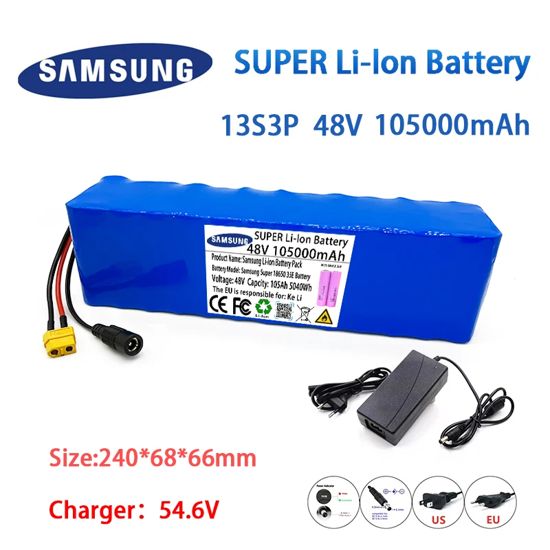 

High Capacity 48v 105000mAh 13S3P Lithium Ion Battery Pack For 54.6v E-bike Electric Scooter Bicycle ,With BMS + Charger