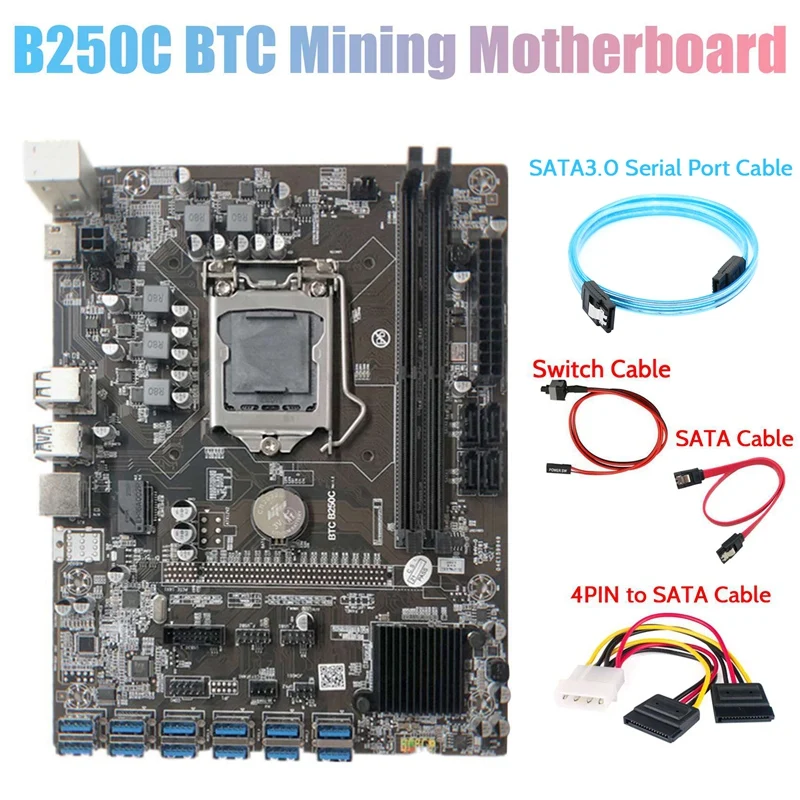

Материнская плата B250C для майнинга + кабель с последовательным портом SATA3.0 + кабель 4-контактный для SATA + кабель переключателя 12 PCIE на USB3.0 слот ...