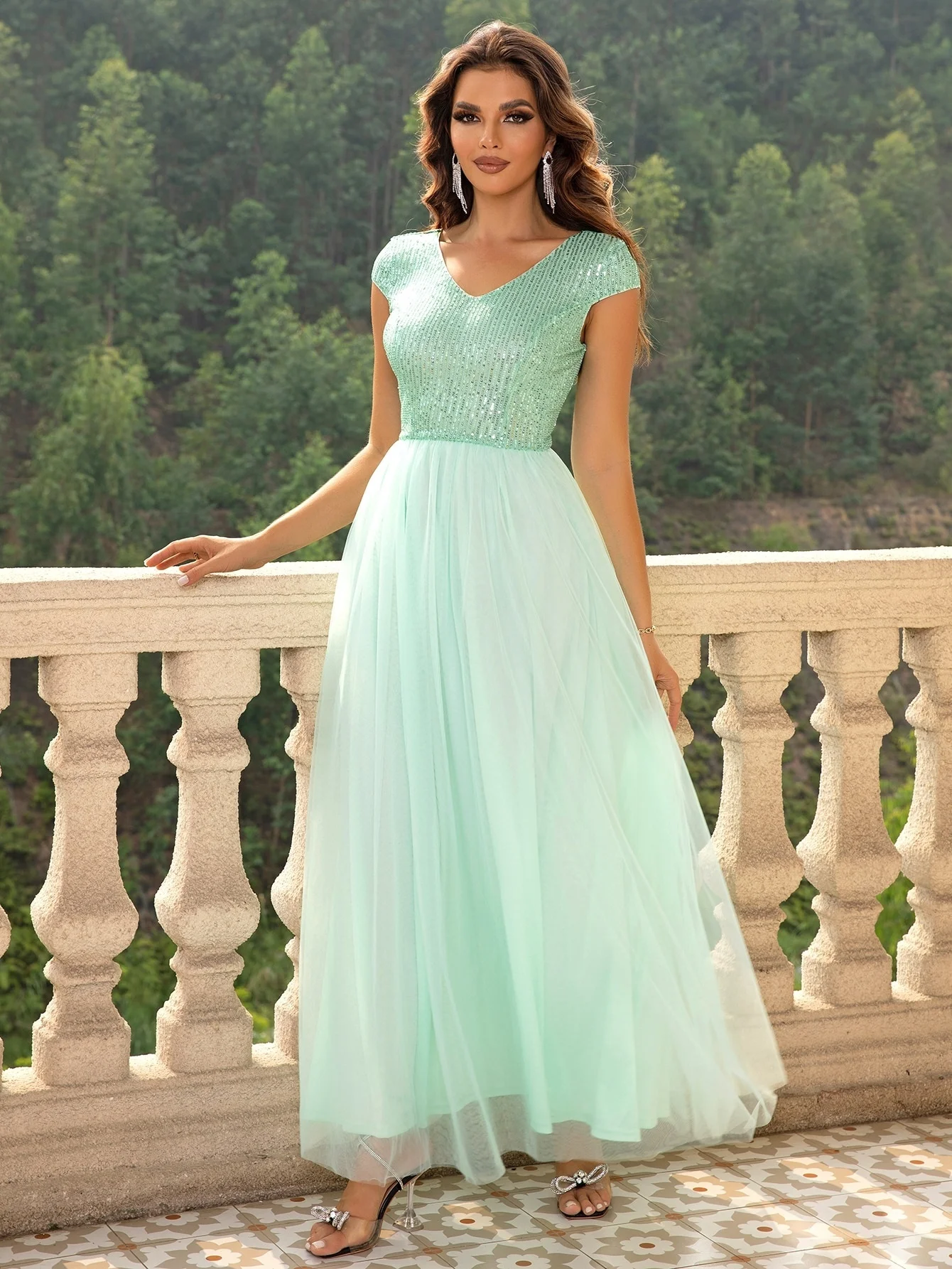 Pofash Contrast Sequin Mesh Prom Dress