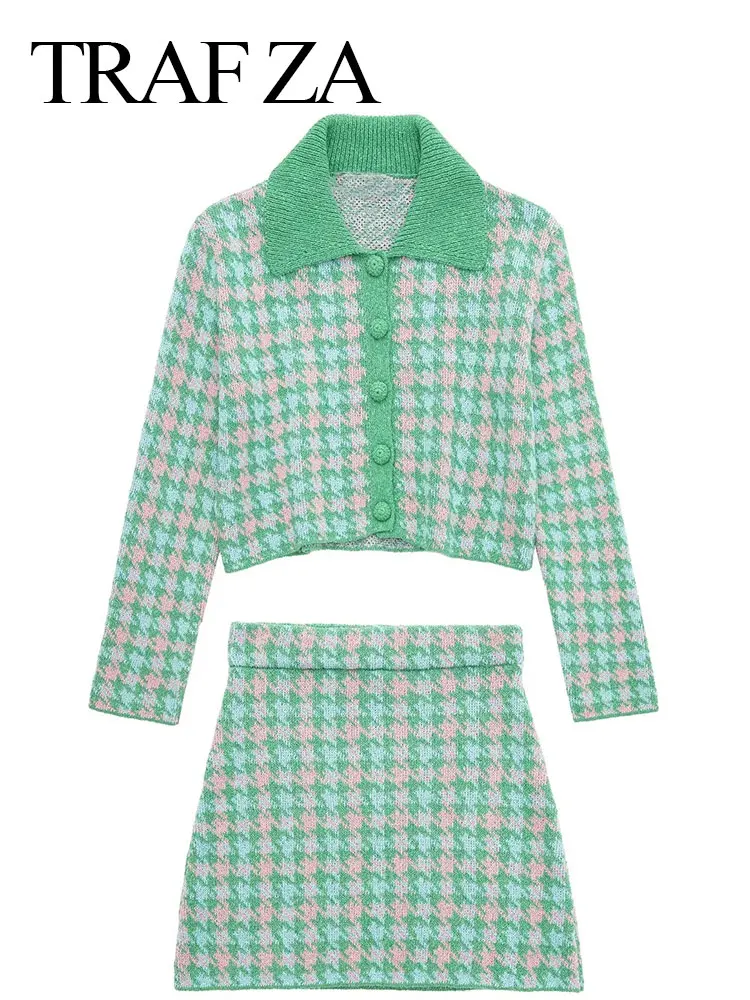 

TRAF ZA Women's Green Houndstooth Skirts Suit Cropped Lapel Knit Cardigan Sweater + Slim Mini Skirt Female Casual Streetwear