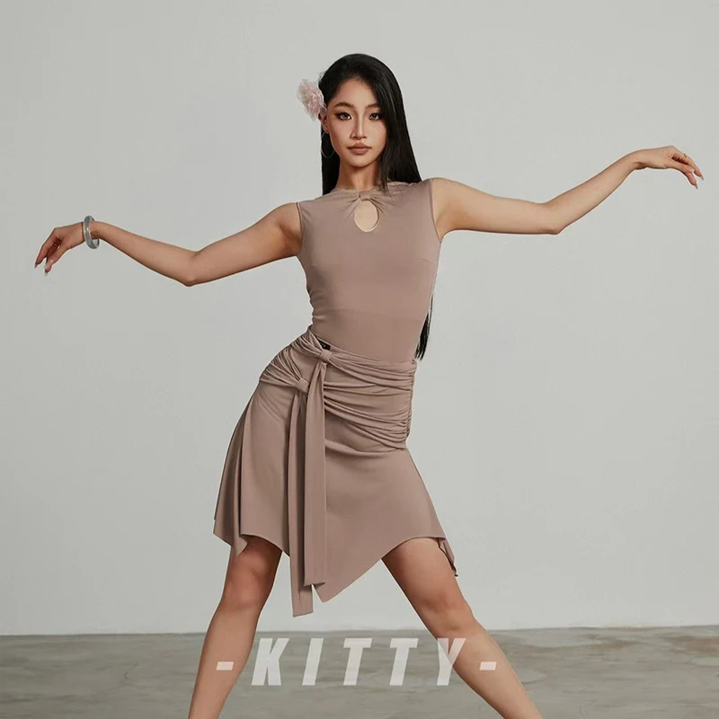 Новинка 2024 платье для латинских танцев женское боди без рукавов нерегулярная