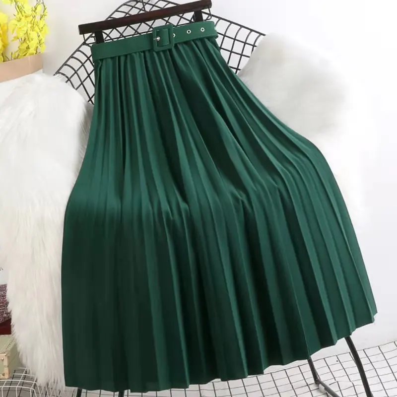 

2022 Summer Mid Dress High-Waisted Skirt Vintage Women Pleated Skirts With Belt Lady 8 Colors Fashion Simple Ropa Mujer