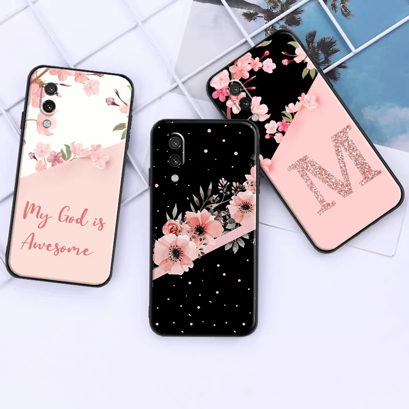 

Flower Letter Pink For Xiaomi Redmi 7 7A 8 8A 7 Note 7 8 2021 Pro 8T Phone Case Black Funda Soft Coque Back Liquid Silicon