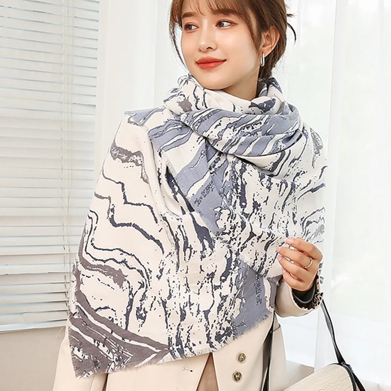 

New Scarf Women's Ethnic Marbling Printed Short Tassel Cashmere-like Scarf Shawl Vintage Scarf