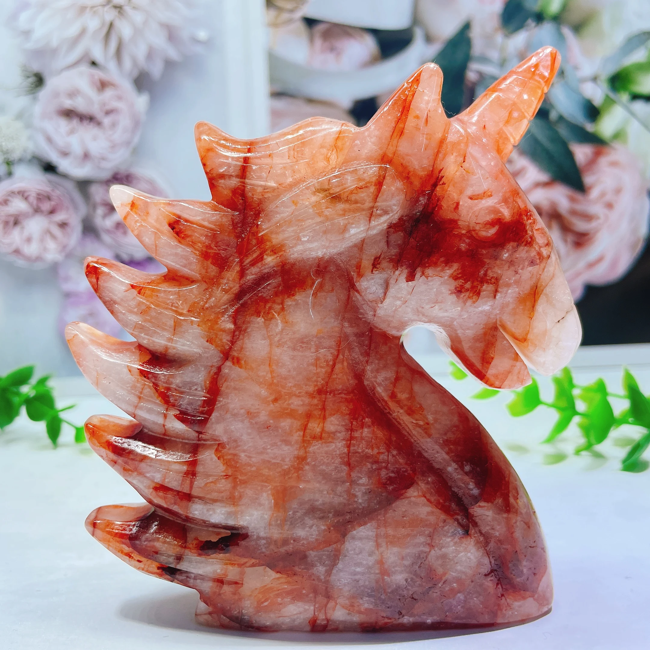 120mm Natural Red Gum Flower Unicorn Crystal Carving Statue As Gifts Or Used For Decoration Of Domestic Rooms 1pcs