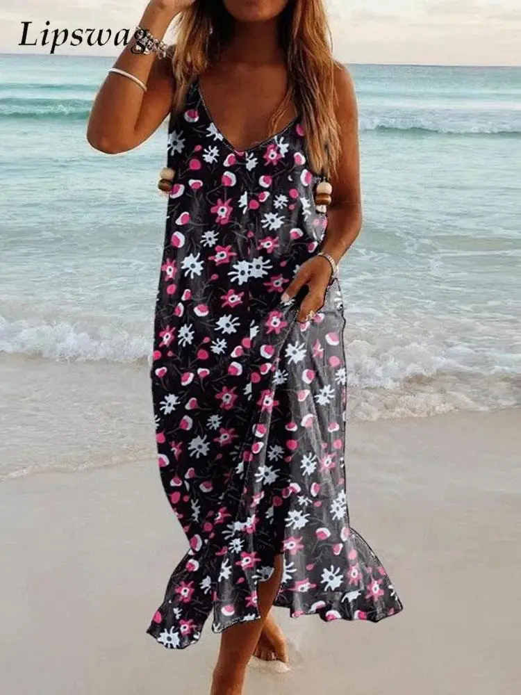 

Summer V Neck Loose Maxi Dress Sexy Sling Sleeveless Floral Print Long Dress Ladies Casual A-Line Vacation Outing Beach Dresses