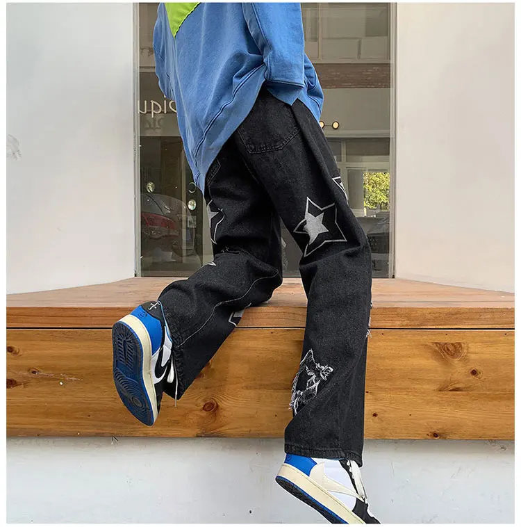 Vintage Women's Men's Korean Denim Pants Y2K Cltohes Streetwear Printed Patchwork Baggy Wide Jeans Straight Trousers For Men