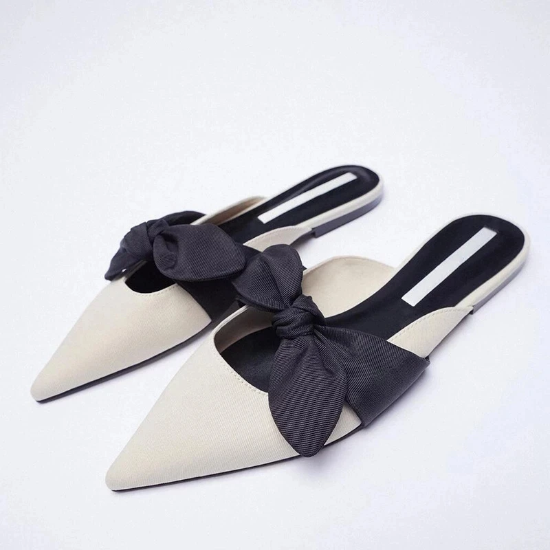 

ZARZ Summer Sandals Women 2022 New Fashion Beige Flat Shoes Pointed Sexy Bow Outer Wear Plus Size 41 Lazy Slippers Luxury Brand