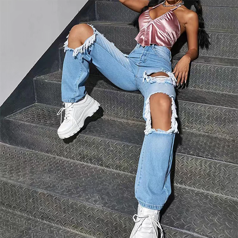 

2022 Summer New Sexy Ripped Jeans Women Big Holes Destroyed Broken Torn Pants Vintage Female Denim Trousers Distressed