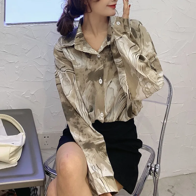 

Модные женские свободные шифоновые блузки цвета какао, винтажные женские рубашки с длинным рукавом и пуговицами, блузы, шикарные топы с зав...