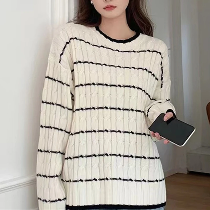 

2022 New Women Fall Winter Casual Striped Full Sleeve O Neck Knit Sweater For Ladies Loose Fashion Chic Pullover Tops Z53