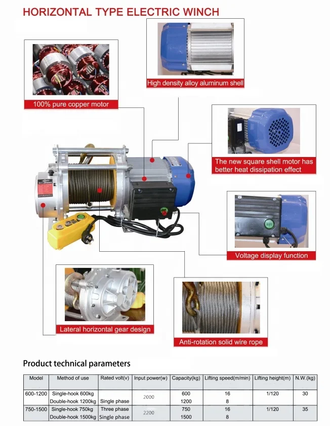 Vohoboo Новое поступление Kcd алюминиевый корпус тянущий трос электрическая лебедка