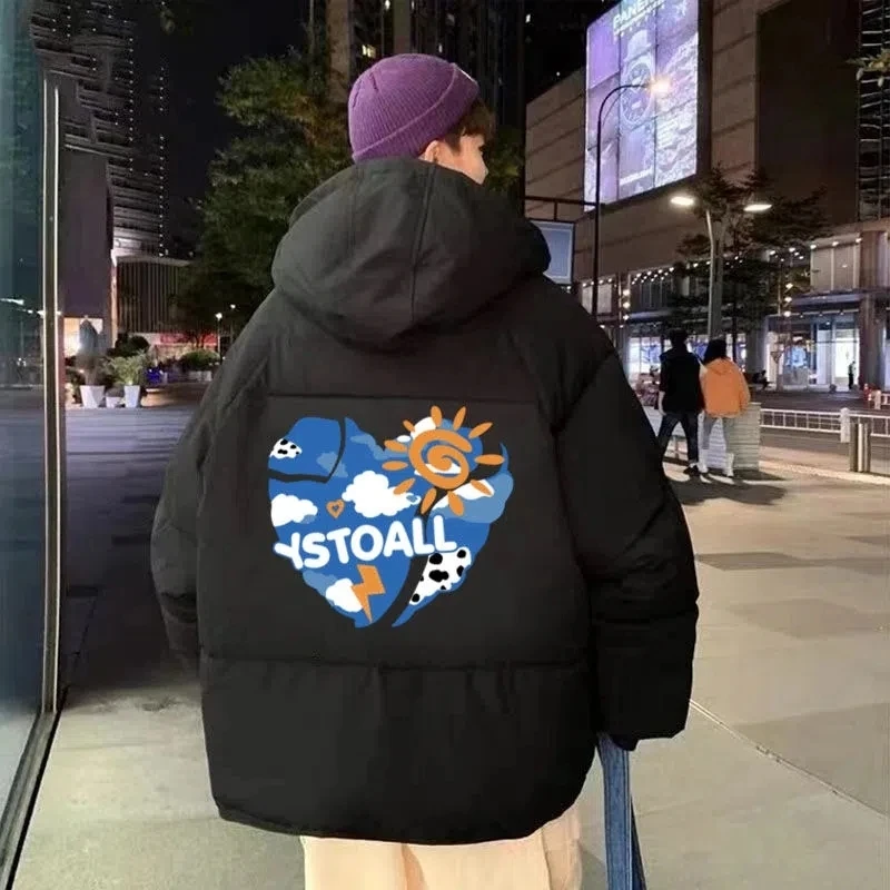 New Winter Puffer Jacket Coat Men Parkas Techwear Women Anime Print Y2k Harajuku Hooded Fashion Casual Loose Zipper Outerwear