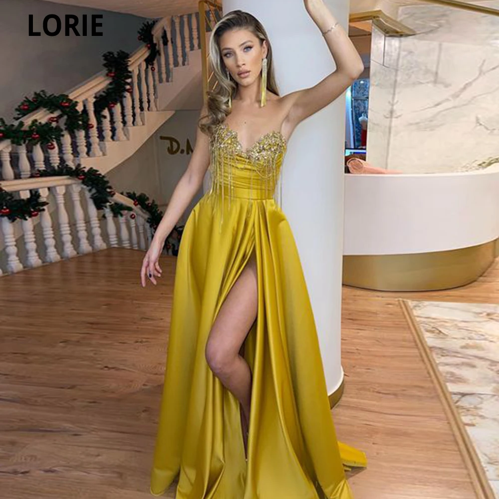 

LORIE Elegant Sweetheart Prom Dress A-line Side Split Crystal Gold Satin Evening Gowns Party Graduation Dresses Vestido De Noche