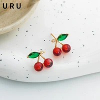 trendy jewelry s925 needle fresh cherry red earrings 2022 new spring trend hot sale green leaf stud earrings for girl gifts