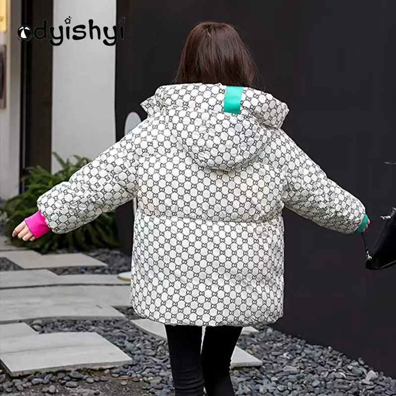 2022 New Women White Duck Down Coat Houndstooth Fashion Shiny Short Puffer Jacket Thick Loose Warm Winter Outwear Female YD90
