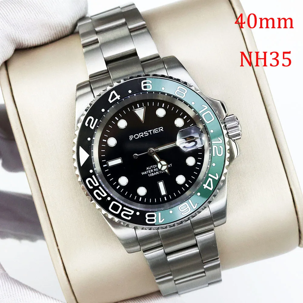 

PORSTIER Original GMT NH35 Watch Men Automatic black green Ceramic Bezel Sapphire Luxury Brand Mechanical Wristwatch Diver Watch