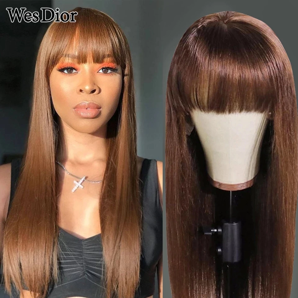 Colored Straight Human Hair Wigs With Bangs Glueless Full Machine Made Wigs For Women Human Hair Brazilian Remy Natural Hairline