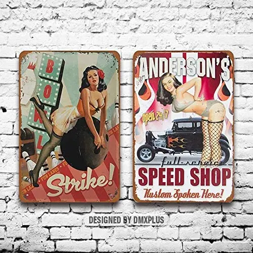 

Metal Sign (Set of 2) Speed Shop Custom Spoken Here! Sexy Pinup Girl Vintage Look Wall Decoration Home Decor Plaque