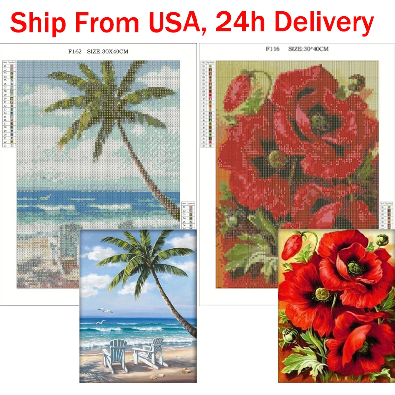 

DIY 5D Diamond Painting Poppy Flowers Full Square Diamond Embroidery Seaside Scenery Mosaic Cross Stitch Kits Home Decor Gift