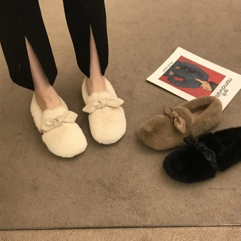

Gentle Butterfly Knot Flat Bottom Plush Shoes New Soft Bottom Black Shoes for Women Autumn and Winter 2023 Chaussure Femme 35-39