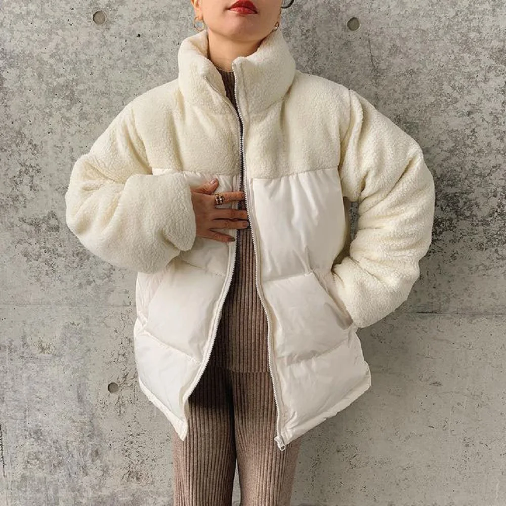 

Loose Zipper Standard Women's Cotton Padded Jacket Winter Thicken Windproof Parkas White Fashion Ladies Stand Collar Female Jack