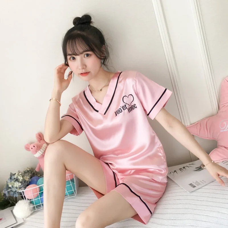 

Pajamas Women's Summer Ice Silk V-Neck Short Sleeves Pyjamas Two Piece Suit Kaeva Pajamas Women's Home Clothes Sleepwear