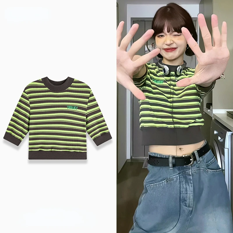 

American Women Vintage Knitted Tshirts Short Tops Summer O Neck Striped Contrast Color Sweaters Slim Camisetas Half Sleeve Tees