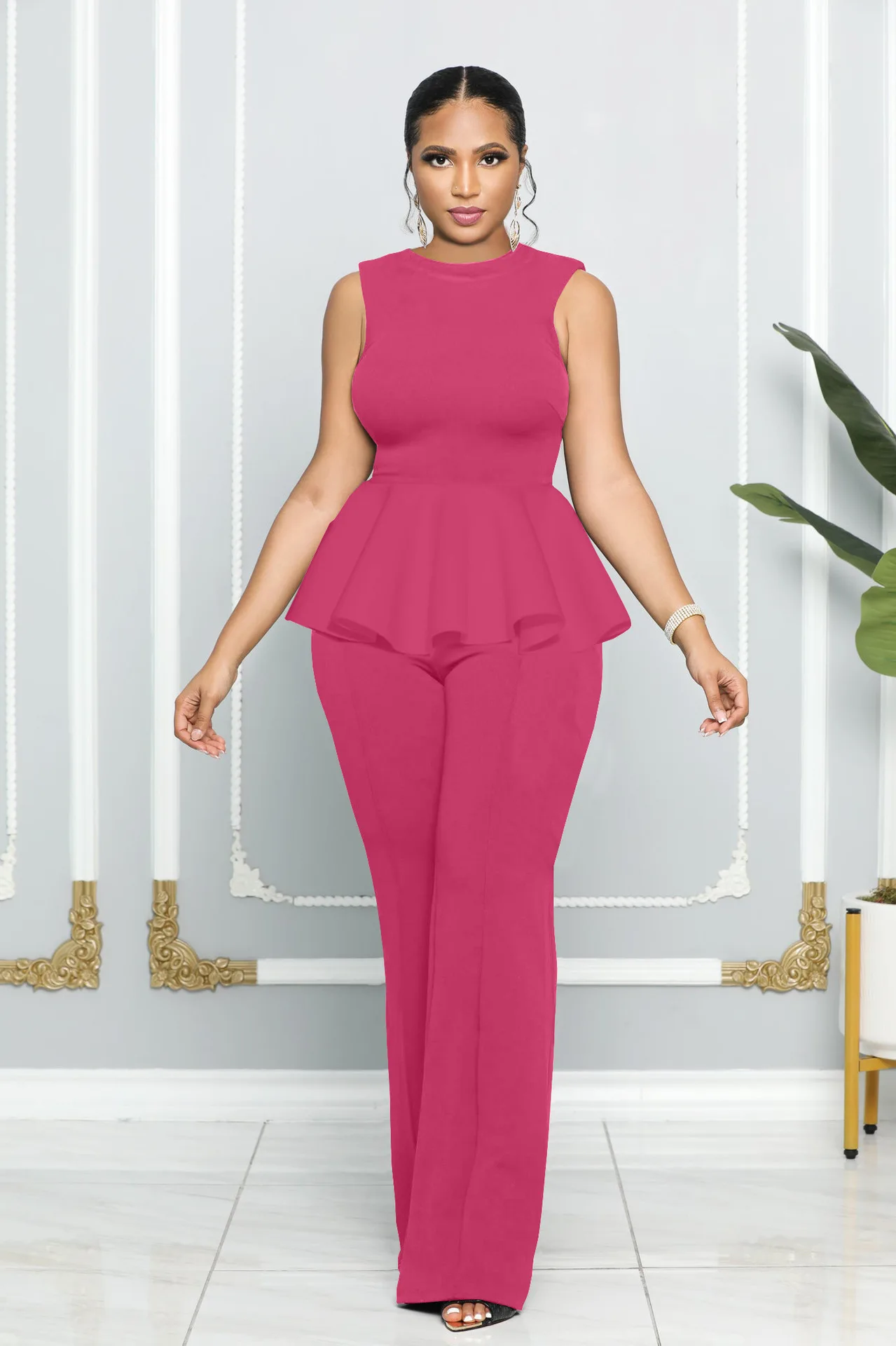 

Женский комбинезон с оборками на подоле, комбинезон без рукавов с круглым вырезом и широкими штанинами на молнии, весна-лето