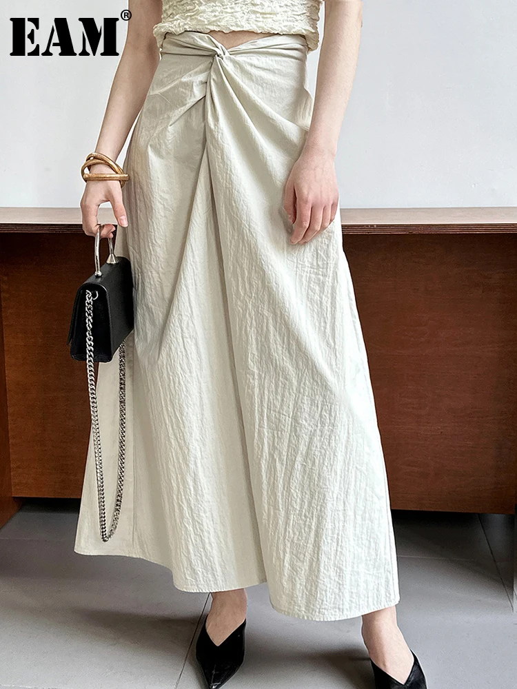 

[EAM] High Waist Khaki Knot Pleated Irregular Long Elegant Half-body Skirt Women Fashion Tide New Spring Autumn 2023 1DF7512
