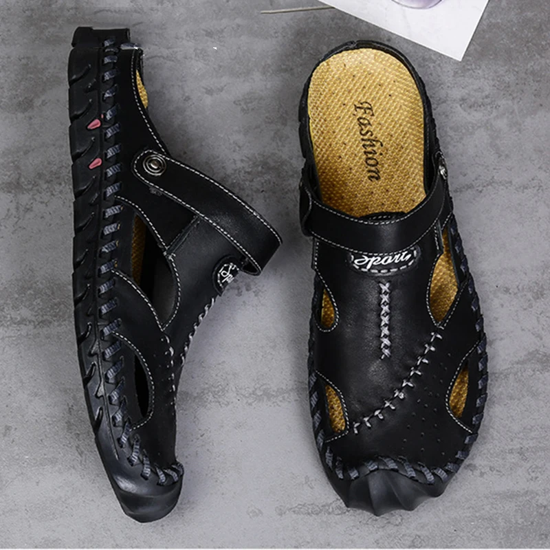 Летние мужские повседневные кожаные пляжные сандалии модные брендовые шлепанцы