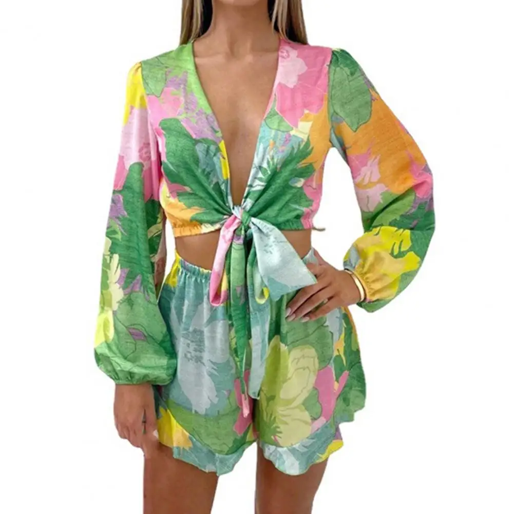 

Women Tops Shorts Suit Artistic Long Sleeves Elastic Waist Wide Leg Matching Deep Crotch Crop Top Shorts elegant Matching Sets