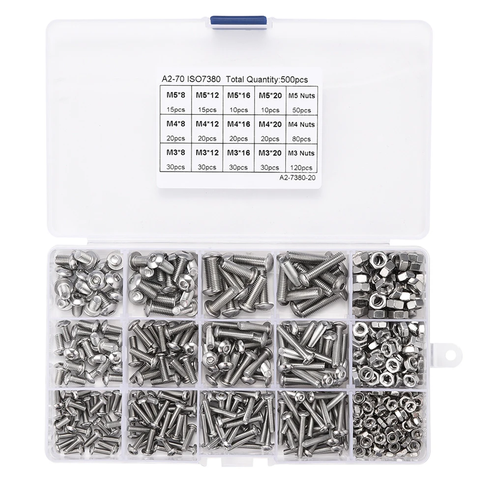 

500Pcs M3 M4 M5 304 Stainless Steel Hex Socket Round Button Head Cap Bolts Nut Pan Hexagon Allen Socket Drive Screws Assortment