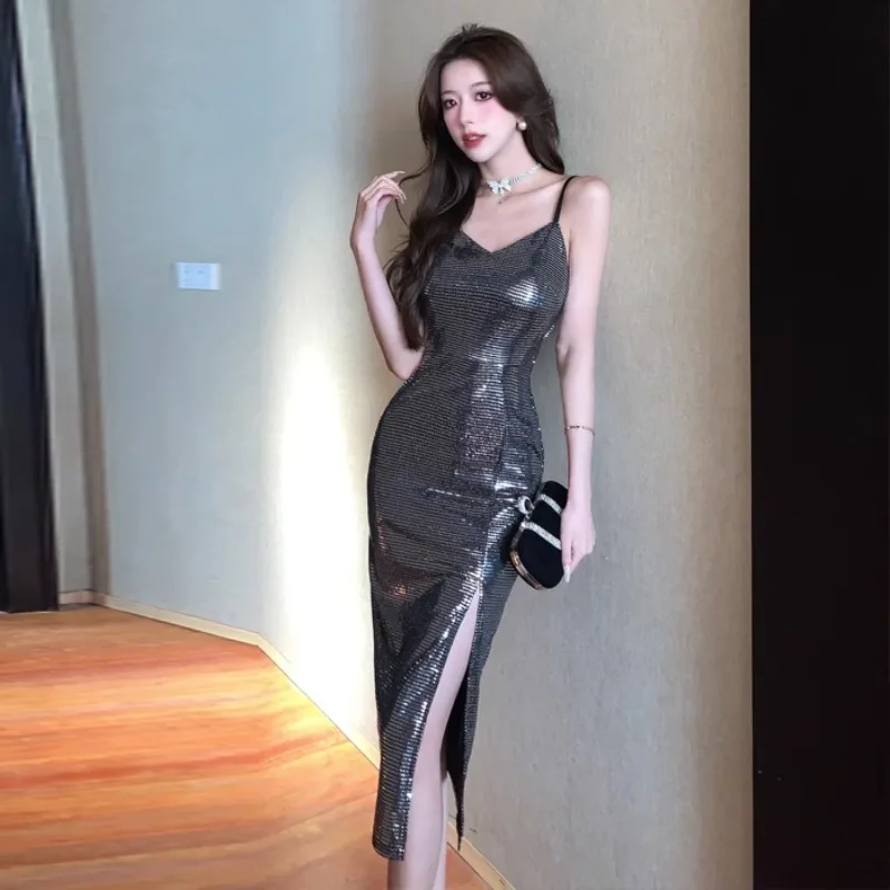 

Women's Dress Off Shoulder Mid-Calf Sleeveless Side-Slit Sequins Dresses Spaghetti Strap V-Neck Slim Sexy Vestidos Dropship
