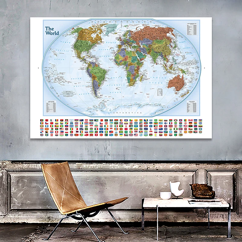 

The World Map with National Flags Wall Decorative Canvas Painting Art Poster and Prints 84*59cm Home Decor School Supplies