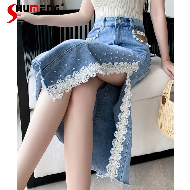 

Bifurcated Rivet Bead Lace Denim Skirt Women's High Waist A- line Mid-Length Arm Covering Skirt Refined Handmade Lace Skirt