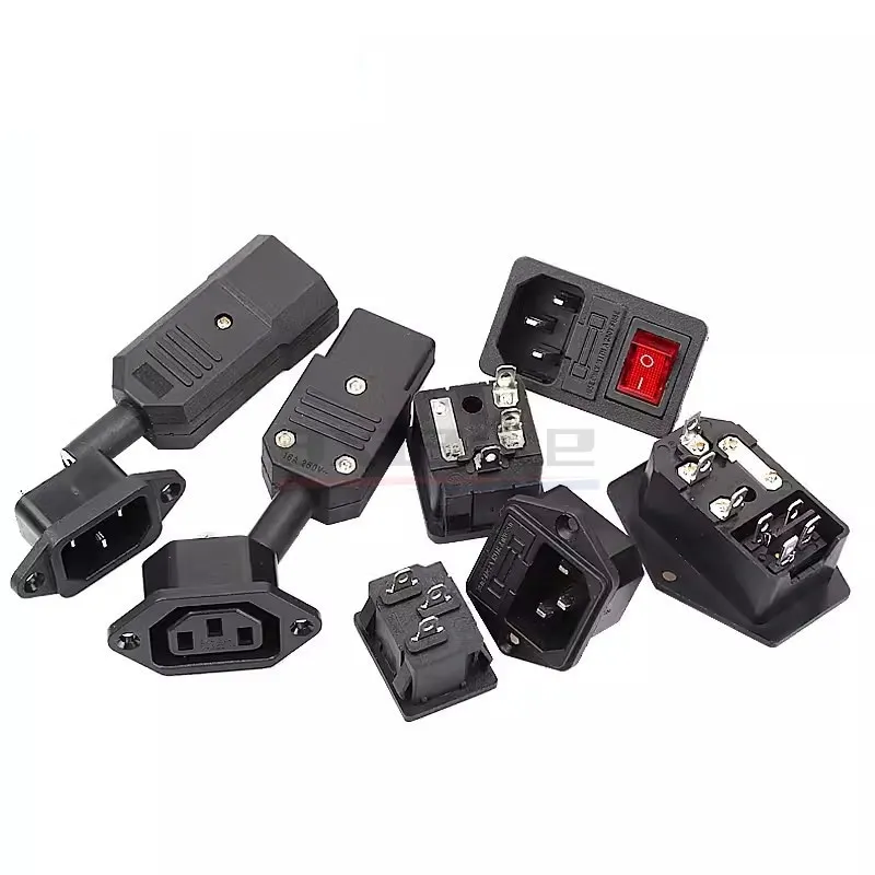 2PCS AC Power Cord Plug Socket Female Male Extension Cable AC-01/02/03/04/05/06 3 Pin Core 10A 250V Pure Copper With Switch Fuse