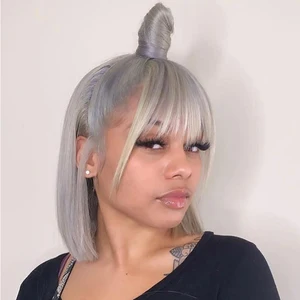 Imported Brazilian Human Hair Wigs With Bangs Straight Grey Bangs Wig Silver Gray Bob Wig Full Machine Long R