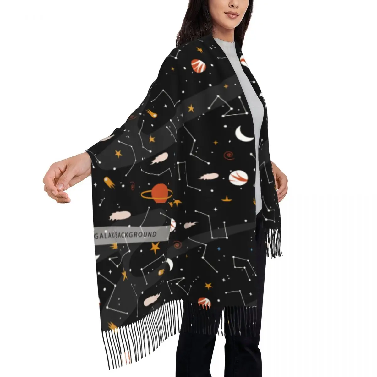 Индивидуальный красочный мужской шарф с длинной бахромой и принтом Галактики