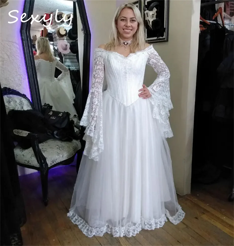 

Stunning White Gothic Wedding Dress Corset Top Lace Up Boho Civil Greek Bridal Dresses Queen Flare Sleeves Korean Classic Bride
