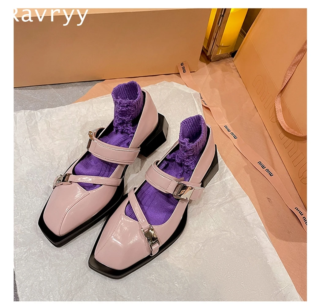 

Pink Genunine Leather Square Toe Buckle Strap Sandals 2023 Summer New Platform Flat shoes Solid Metal Decoration Modern pumps