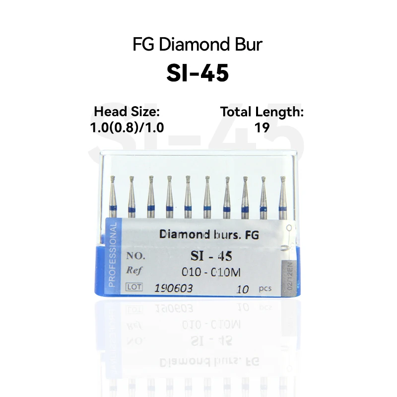 

10pcs Dental Clinic Products SI-45 010-010M Diamond Bur FG High Speed 1.0(0.8)/1.0 19.0mm Blue Medium Intra-oral Tools Material