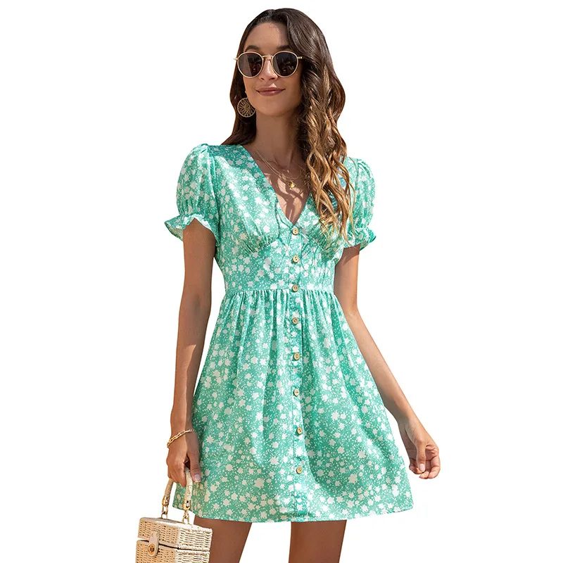 

Women Dress V-Neck Floral Dress 2022 Spring New Casual Print Folds Puff Sleeve Button Sweet Dresses Women Holiday Boho Sundress