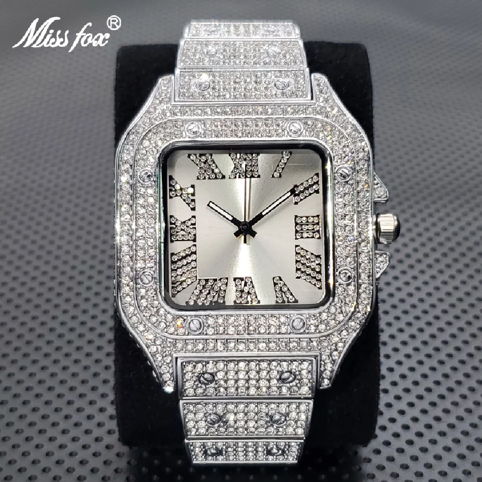 

Top Brand Square Watch For Men Luxury Diamond Ice Out Quartz Wristwatch High Quality Stainless Steel Bracelet Clock Dropshipping